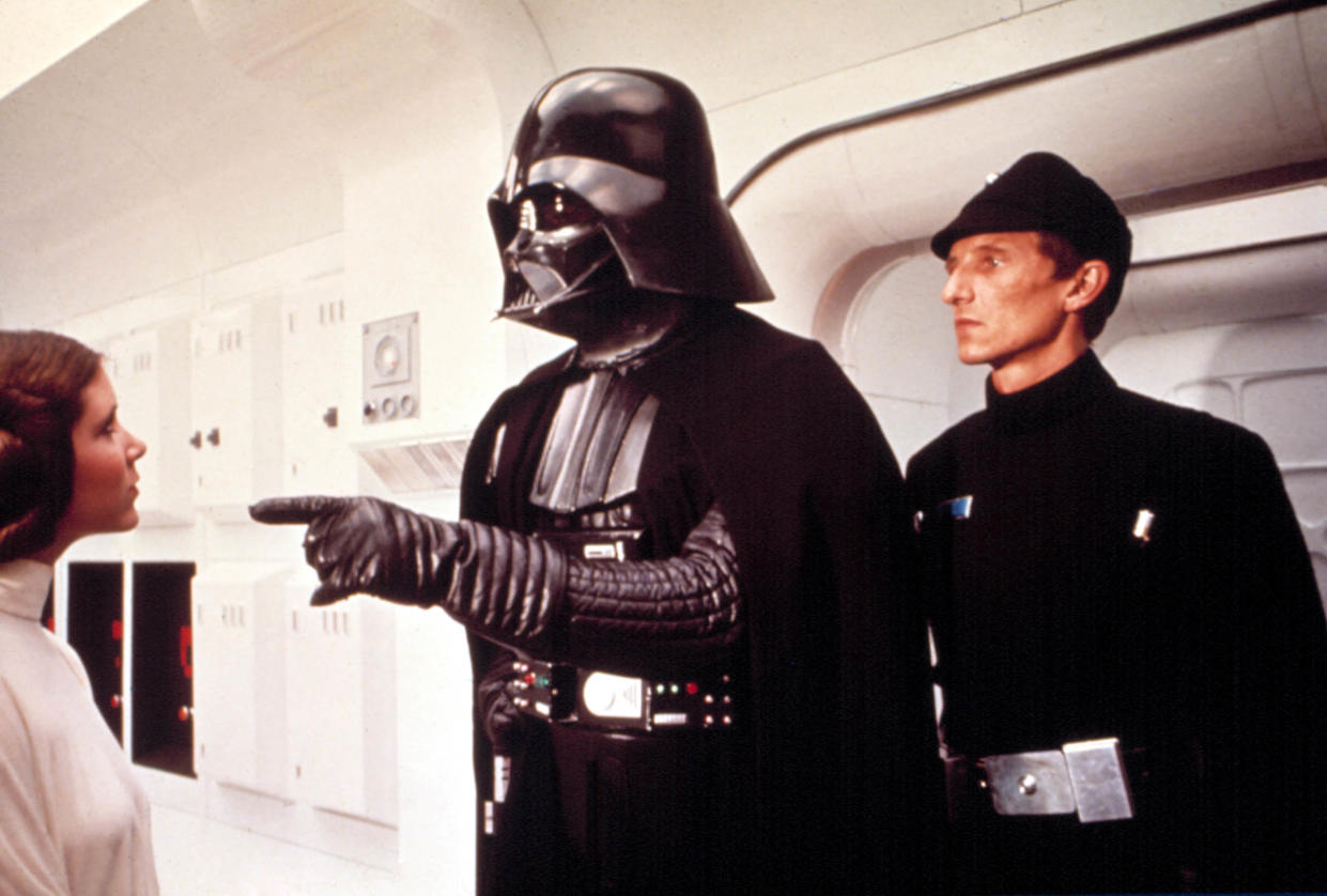 Darth Vader (voiced by James Earl Jones) interrogates Leia Organa (Carrie Fisher) in Star Wars: A New Hope. (Photo: Lucasfilm Ltd./Courtesy Everett Collection)