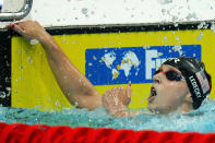 Katie Ledecky of the United States celebrates after winning the Women 1500m Freestyle final at the 19th FINA World Championships in Budapest, Hungary, Monday, June 20, 2022. (AP Photo/Petr David Josek)