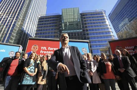 Sadiq Khan, Britain's Labour Party candidate for Mayor of London, speaks to supporters at Canary Wharf in London, Britain May 4, 2016. REUTERS/Paul Hackett