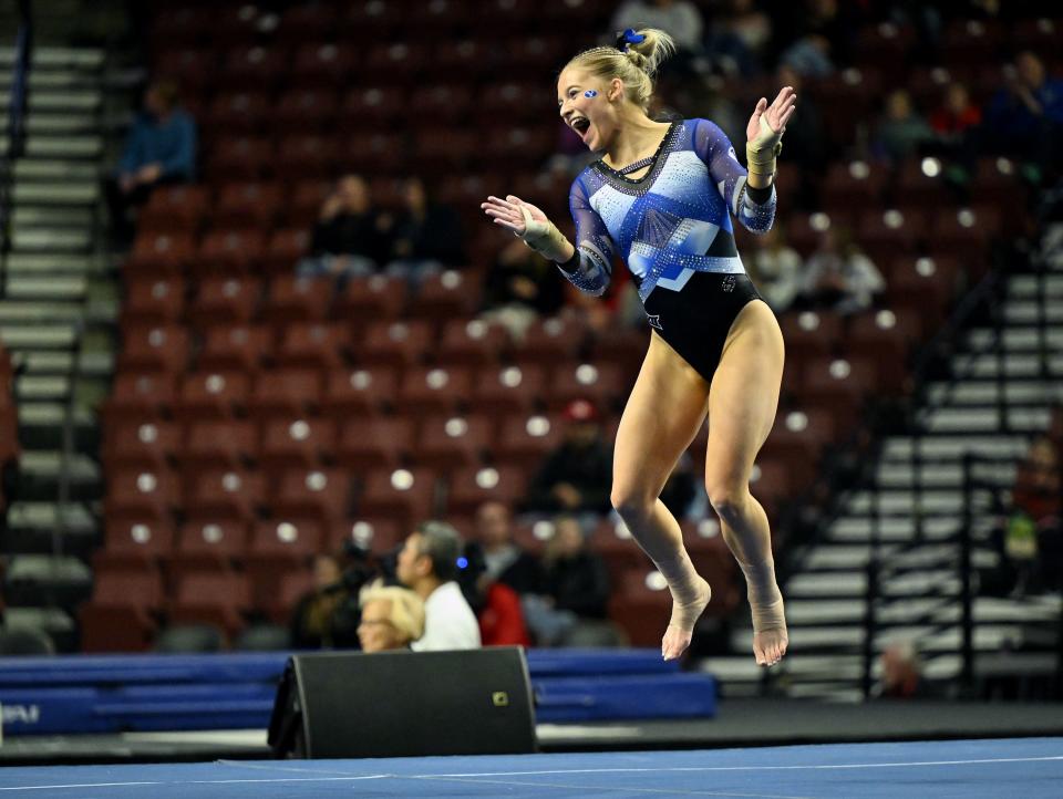 BYU’s Eliza Millar-Crossman celebrates after her floor routine as BYU, Utah, SUU and Utah State meet in the Rio Tinto Best of Utah Gymnastics competition at the Maverick Center in West Valley City on Monday, Jan. 15, 2024. | Scott G Winterton, Deseret News