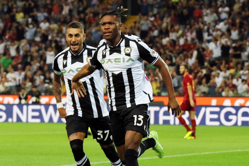 Destiny Udogie celebrates his goal in Udinese’s 4-0 victory over Roma (Andrea Bressanutti/AP) (AP)