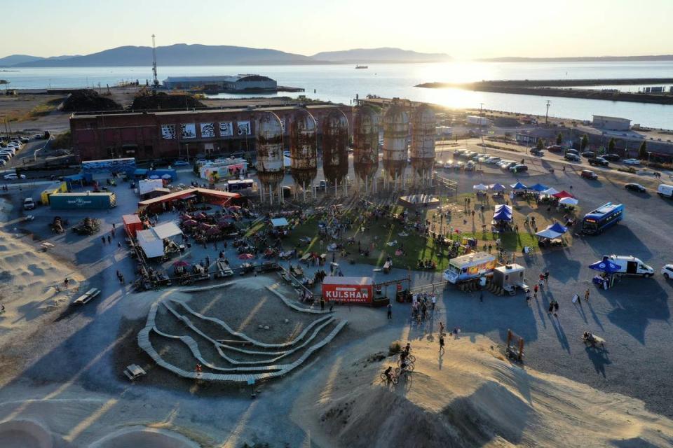 Aerial view of the Climate Action Week Kickoff Celebration evening Sunday, Sept. 18, 2022, at The Portal Container Village near Waypoint Park on the Bellingham, Wash., waterfront.