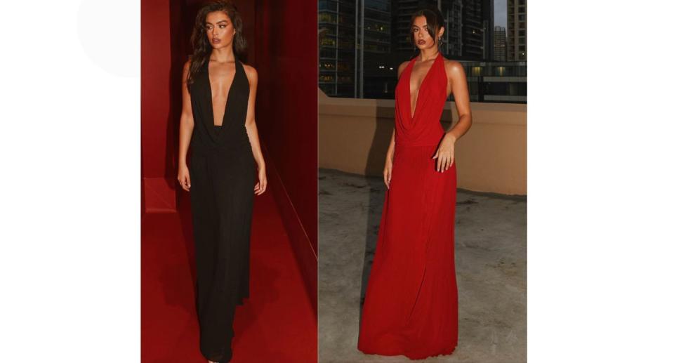 Models in black and red versions of the Elysia Mesh Maxi Dress