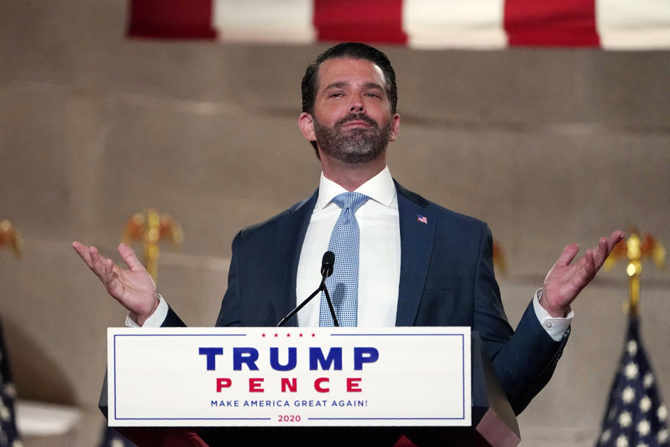 Donald Trump Jr., speaks as he tapes his speech for the first day of the Republican National Convention from the Andrew W. Mellon Auditorium in Washington, Monday, Aug. 24, 2020. (AP Photo/Susan Walsh)