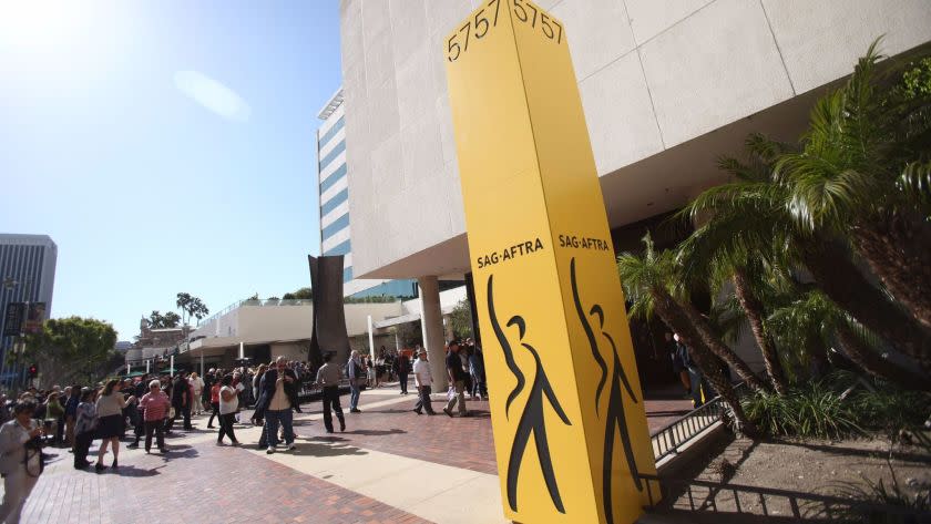 LOS ANGELES, CA - APRIL 16: The Museum Square building at 5757 Wilshire Boulevard on the Miracle Mile in Los Angeles has been renamed SAG-AFTRA Plaza on April 16, 2015 in Los Angeles, California. The new name for the building, home to the offices of the recently merged media and entertainment unions since the 1990s, was unveiled during a dedication ceremony. (Photo by Tommaso Boddi/WireImage) ** OUTS - ELSENT, FPG - OUTS * NM, PH, VA if sourced by CT, LA or MoD **