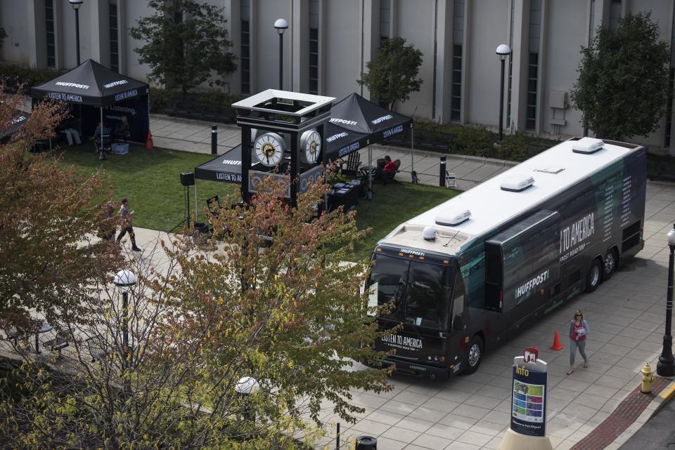 The tour bus sits at the Allen County Library Plaza.