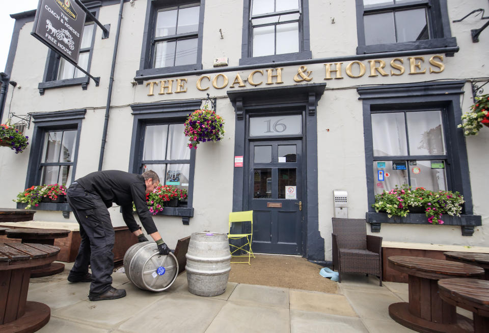 Samuel Smith's brewery delivers beer to the Coach and Horses pub in Tadcaster, Yorkshire, as pubs prepare for reopening to members of the public when the lifting of further lockdown restrictions in England comes into effect on Saturday. (Photo by Danny Lawson/PA Images via Getty Images)