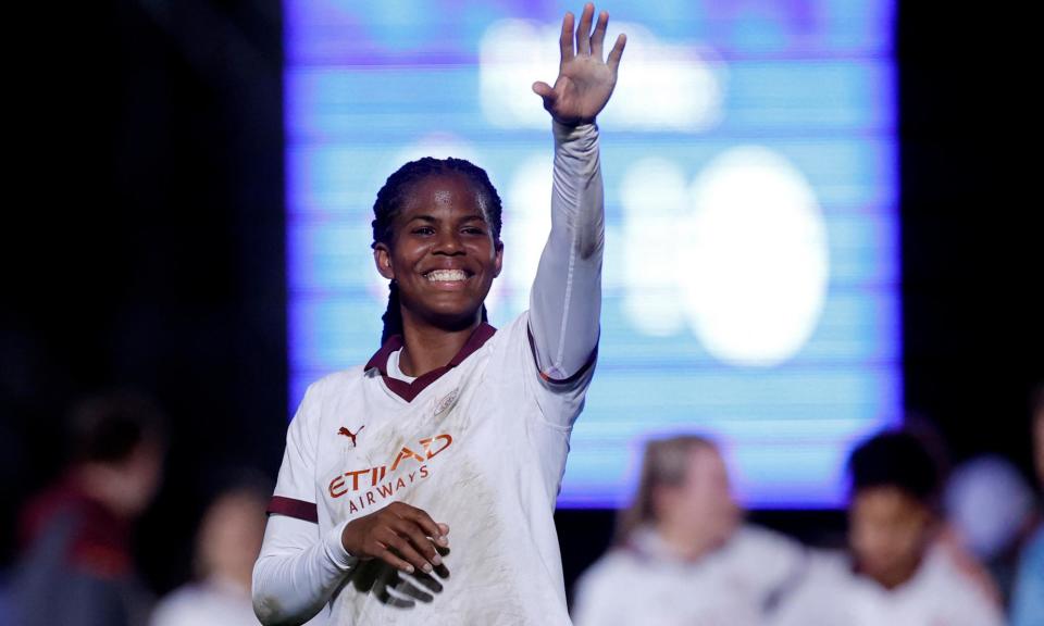 <span>Khadija Shaw shows her delight after the final whistle.</span><span>Photograph: Andrew Couldridge/Action Images/Reuters</span>
