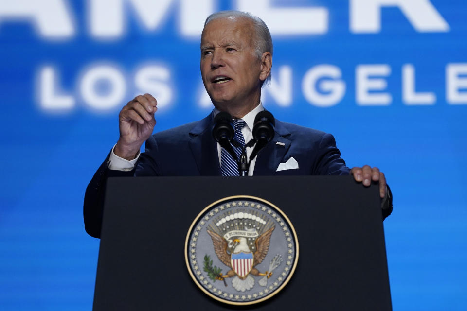 President Joe Biden speaks during the inaugural ceremony of the Summit of the Americas, Wednesday, June 8, 2022, in Los Angeles. (AP Photo/Evan Vucci)