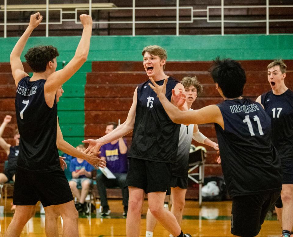 Hononegah's Adam Steege celebrates winning a point against Fox Lake Grant in the regional finals on Thursday, May 26, 2022, at Boylan High School in Rockford.