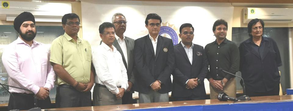 BCCI President Sourav Ganguly with his team members - Prabhtej Singh Bhatia (Councillor), Mahim Verma (Vice President), Jayesh George (Joint Secretary), Jay Shah (Secretary), Arun Singh Dhumal (Treasurer) and Anshuman Gaekwad and Shanta Rangaswamy (men’s and women’s ICA representatives).