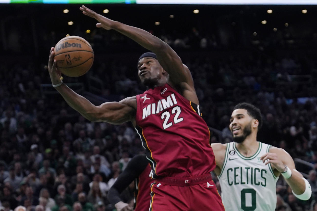 Miami Heat forward Jimmy Butler (22) during Game 2 of the NBA basketball Eastern Conference Finals series, Friday, May 19, 2023, in Boston. (AP Photo/Charles Krupa)