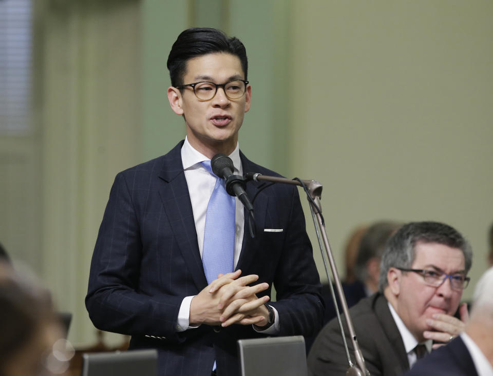 In this photo taken Friday, Jan. 13, 2017, Assemblyman Evan Low, D-Campbell, addresses lawmakers at the Capitol in Sacramento, Calif. In an effort to increase voter participation by targeting teenagers, Low has authored a measure to lower the voting age to 17. (AP Photo/Rich Pedroncelli)