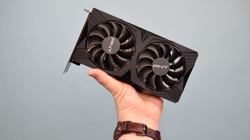 A PNY GeForce RTX 4060 Verto on a table with its retail box