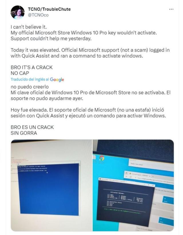 Usuario pide ayuda a soporte oficial de Microsoft para activar Windows 10 y  el técnico usa un crack