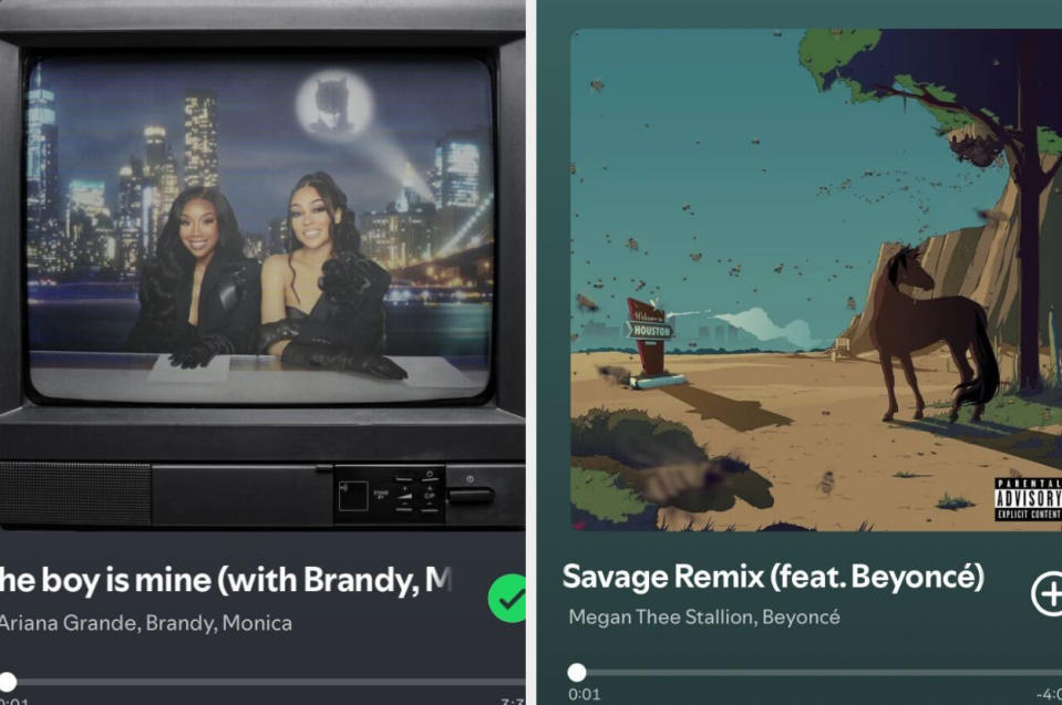 A split screen of Spotify tracks: "The Boy is Mine" by Brandy and Monica on the left, "Savage Remix" by Megan Thee Stallion featuring Beyoncé on the right