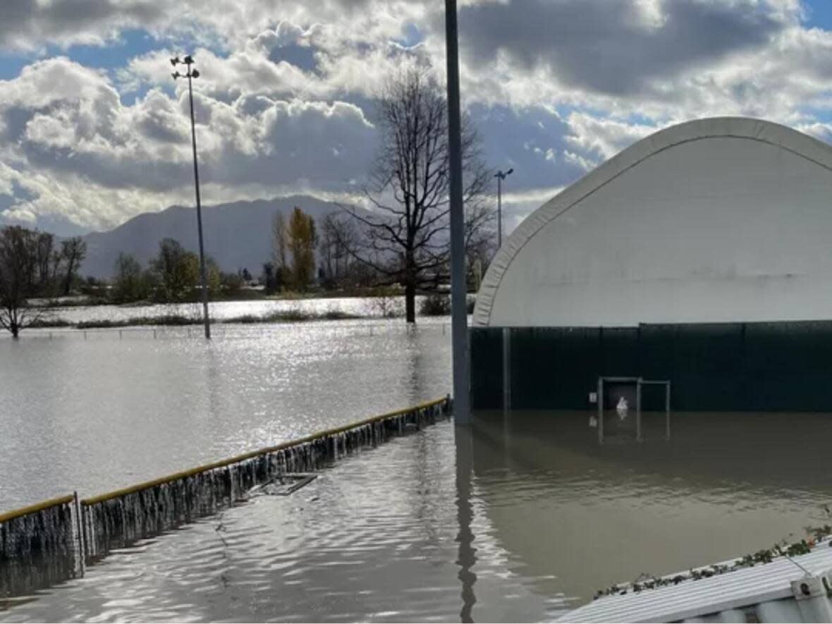 The indoor training facility for the Abbotsford Cardinals sits flooded, following days of intense rainfall. (Abbotsford Cardinals/Twitter - image credit)