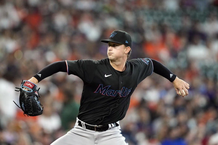 Miami Marlins starting pitcher Braxton Garrett throws against the Houston Astros during the first inning of a baseball game Saturday, June 11, 2022, in Houston. (AP Photo/David J. Phillip)