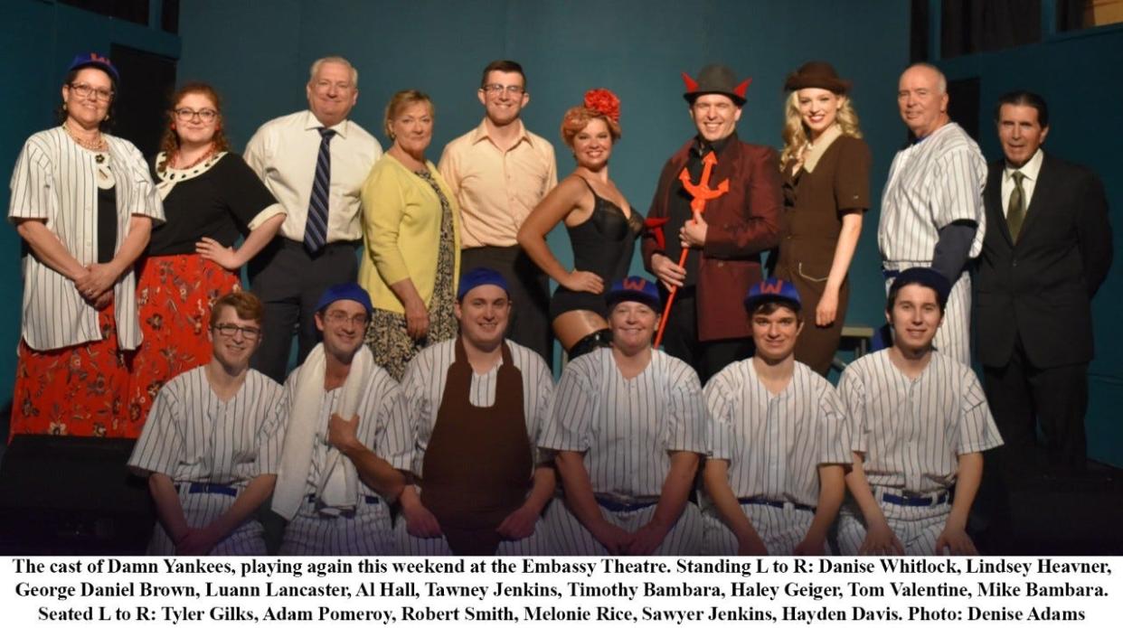 The cast of “Damn Yankees,” playing again this weekend at the Embassy Theatre, includes: (seated, l-r) Tyler Gilks, Adam Pomeroy, Robert Smith, Melonie Rice, Sawyer Jenkins, Hayden Davis; (back) Danise Whitlock, Lindsey Heavner, George Daniel Brown, Luann Lancaster, Al Hall, Tawney Jenkins, Timothy Bambara, Haley Geiger, Tom Valentine, and Mike Bambara.