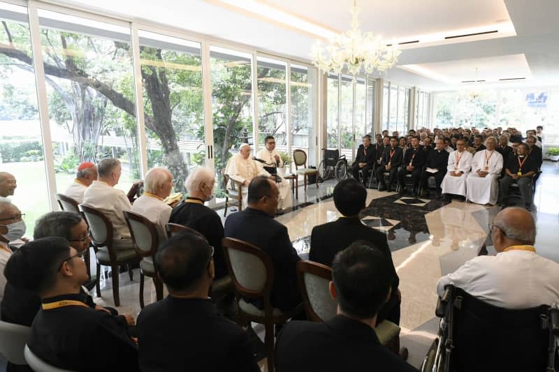 Pope Francis attends a meeting with members of the Society of Jesus, during his apostolic visit to Jakarta. Vatican Media/IPA via ZUMA Press/dpa