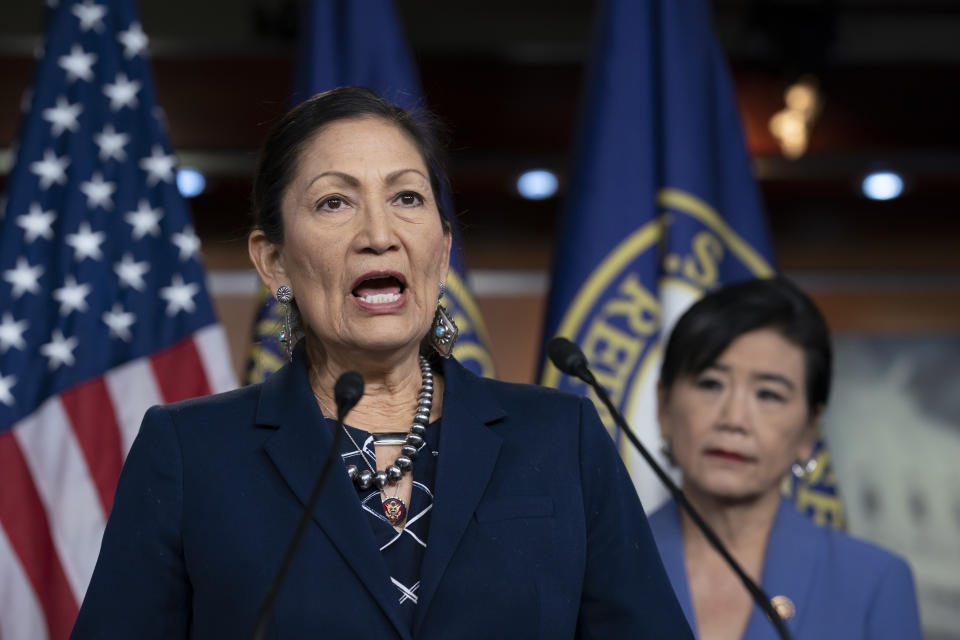 FILE - In this March 5, 2020, file photo Rep. Deb Haaland, D-N.M., Native American Caucus co-chair, joined at right by Rep. Judy Chu, D-Calif., chair of the Congressional Asian Pacific American Caucus, speaks to reporters about the 2020 Census on Capitol Hill in Washington. O.J. Semans is one of dozens of tribal officials and vote activists around the country pushing selection of Haaland to become the first Native American secretary of Interior. (AP Photo/J. Scott Applewhite, File)