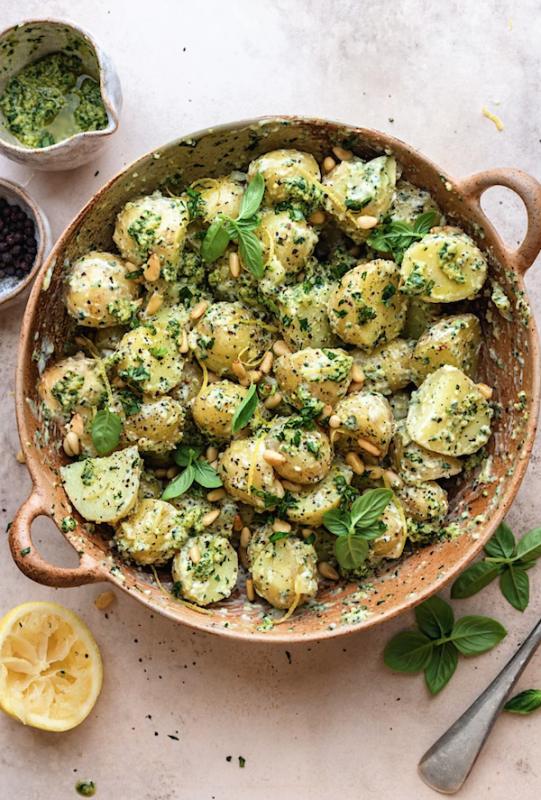 <p>Cupful of Kale</p><p>This creamy vegan pesto potato salad makes for the best summer side dish! New potatoes are tossed in a homemade pesto and mayonnaise dressing.</p><p><strong>Get the recipe: <a href="https://cupfulofkale.com/vegan-pesto-potato-salad/" rel="nofollow noopener" target="_blank" data-ylk="slk:Vegan Pesto Potato Salad;elm:context_link;itc:0;sec:content-canvas" class="link ">Vegan Pesto Potato Salad</a></strong></p>