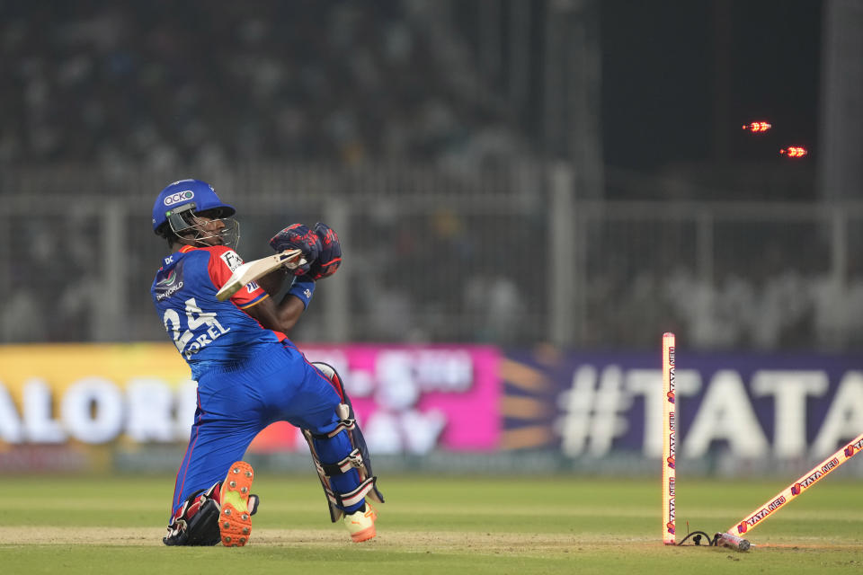 Delhi Capitals' Abishek Porel is bowled out during the Indian Premier League cricket match between Delhi Capitals and Kolkata Knight Riders in Kolkata, India, Monday, April 29, 2024. (AP Photo/Bikas Das)