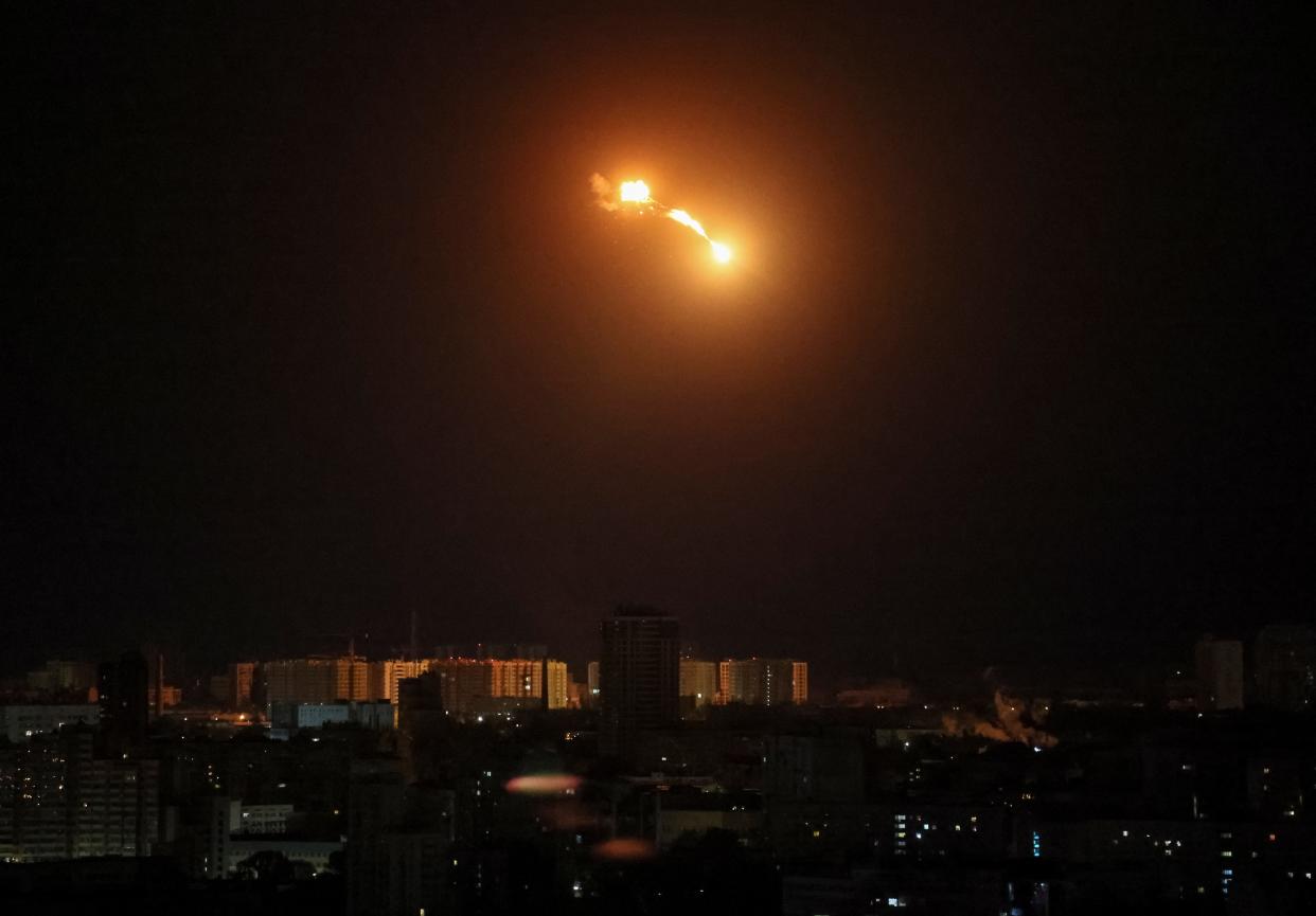 An explosion of a drone is seen in the sky over the city during a Russian drone strike, amid Russia’s attack on Ukraine, in Kyiv, Ukraine May 8 (REUTERS)