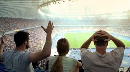 <span class="caption">Fans of less successful clubs form more of a bond with each other.</span> <span class="attribution"><a class="link " href="https://www.shutterstock.com/image-photo/disappointed-football-fans-unsatisfied-referee-decision-1294695664" rel="nofollow noopener" target="_blank" data-ylk="slk:Motortion Films/shutterstock.com;elm:context_link;itc:0;sec:content-canvas">Motortion Films/shutterstock.com</a></span>