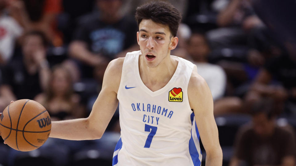 Oklahoma City Thunder forward Chet Holmgren runs the court against the Memphis Grizzlies during a Salt Lake City Summer League game on July 6, 2022. (AP Photo/Jeff Swinger)