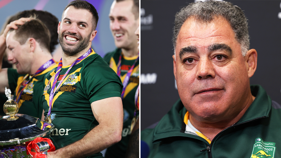 Kangaroos coach Mal Meninga (pictured right) is facing a huge call to who takes the Australian No.1 jersey after James Tedesco's (pictured left) State of Origin snub. (Getty Images)