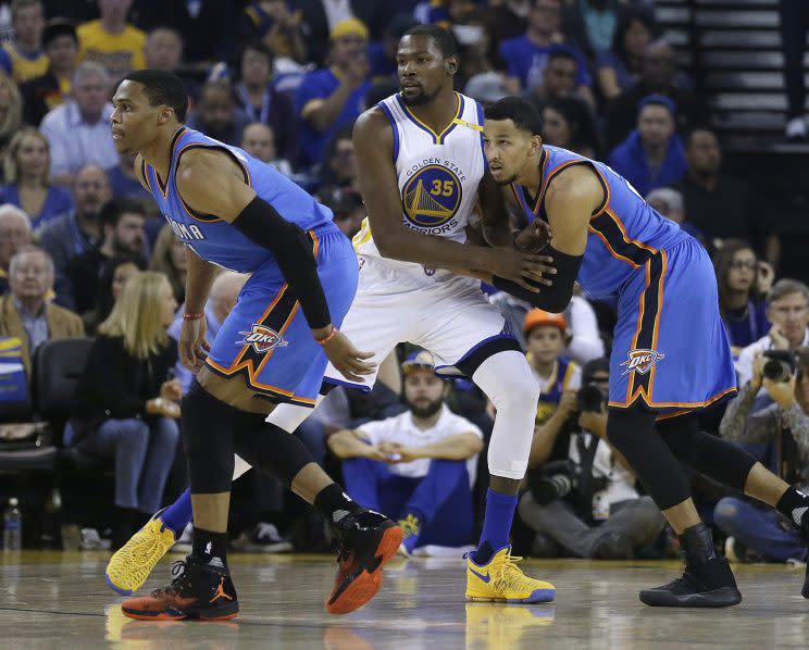 Russell Westbrook came to the defense of Andre Roberson's defense. (AP)