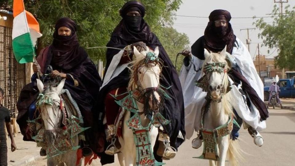 A group of demonstrators on horseback take part in a protest rally to demand the withdrawal of US troops from Niger, in Agadez, Niger, April 21, 2024. In March 2024, the ruling military junta revoked a military agreement with the US.  Niger's decision to expel the US military from the country follows the French withdrawal of its troops from Niger last year.