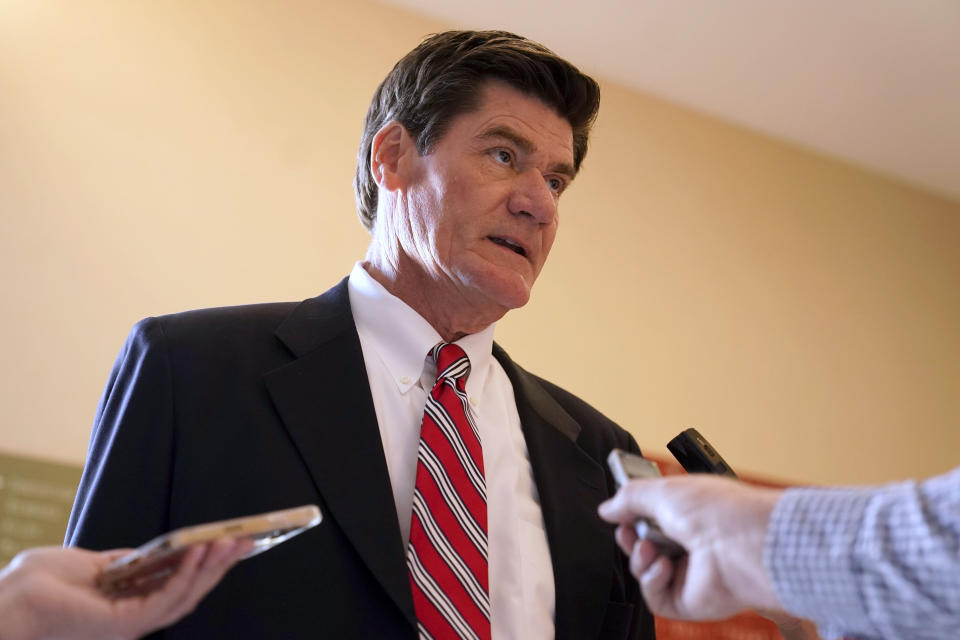 Craig Thompson, commissioner of the Mountain West Conference, speaks to reporters after the College Football Playoff presidents group meeting Tuesday, June 22, 2021, in Grapevine, Texas. The CFP met to discuss a proposed plan to expand the postseason format from four to 12 teams. (AP Photo/LM Otero)