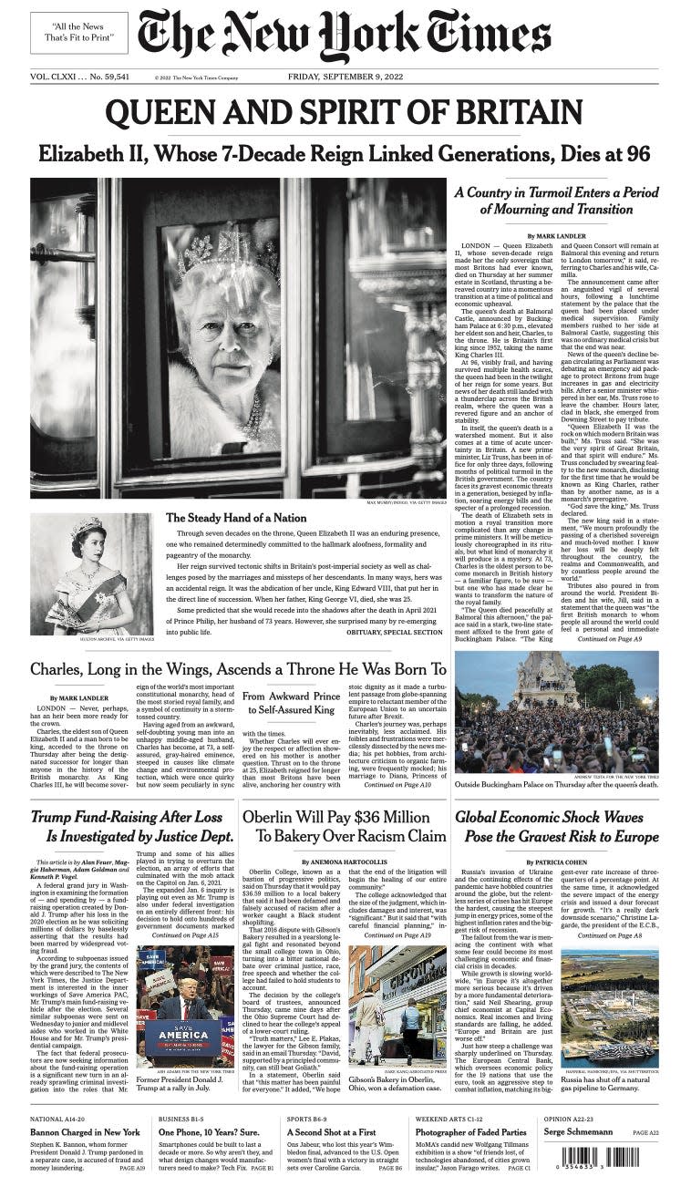 The New York Times front page on September 9, 2022, marking the death of Queen Elizabeth II.