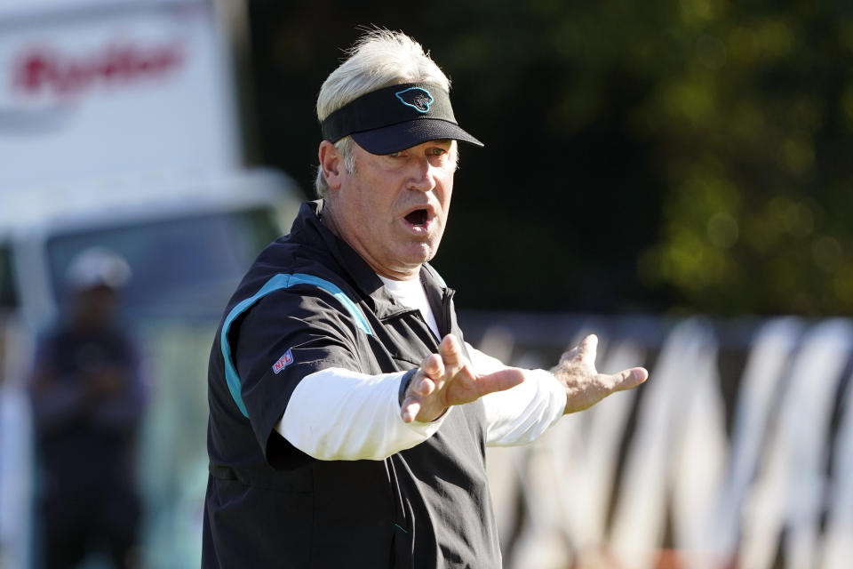 Jacksonville Jaguars head coach Doug Pederson directs players in an NFL football practice, Monday, July 25, 2022, in Jacksonville, Fla. (AP Photo/John Raoux)
