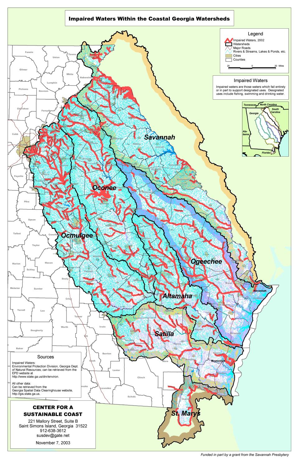 A map of impaired waters within the coastal Georgia watersheds.