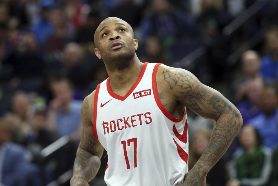 Houston Rockets' PJ Tucker plays against the Minnesota Timberwolves in an NBA basketball game Wednesday, Feb. 13, 2019, in Minneapolis. (AP Photo/Jim Mone)