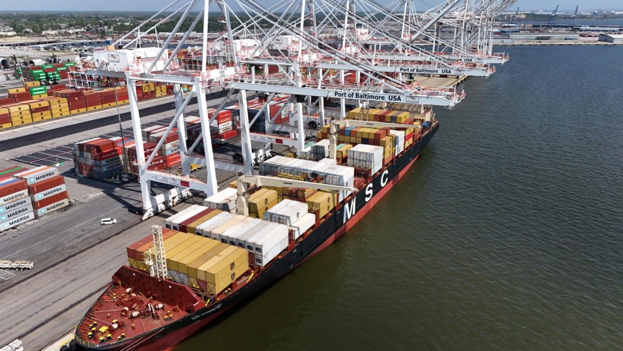 The first container ship, MSC Passion III, arrives at Seagirt Terminal at the Port of Baltimore. The ship carried nearly 1,000 containers.