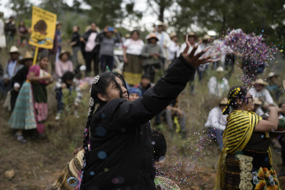 Una mujer indígena purépecha lanza confeti durante una parada de descanso de un grupo que camina desde Erongarícuaro, donde los residentes mantuvieron viva una llama durante un año y la llevan a Ocumicho en el estado de Michoacán, México, el miércoles 31 de enero de 2024. (AP Foto/Eduardo Verdugo)