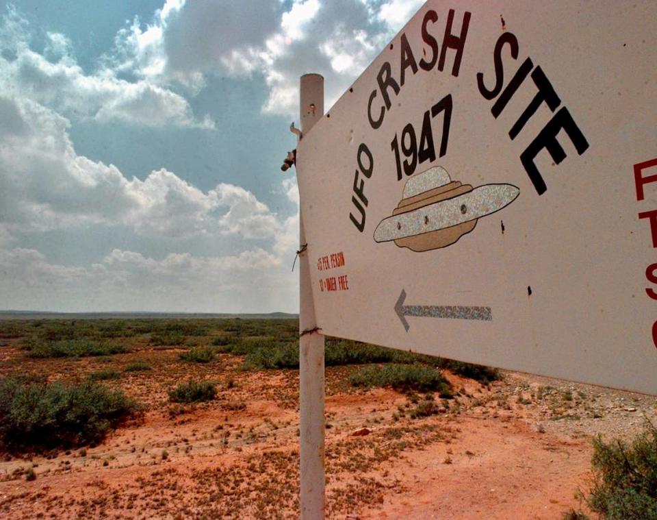 In 1997, a sign directed travelers to the start of the “1947 UFO Crash Site Tours” in Roswell, New Mxico. Locals don’t argue anymore about whether a space ship crashed nearby. They argue about whose ranch it landed on.