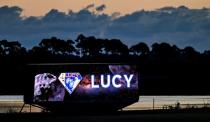 The Kennedy Space Center press site launch clock shows a digital display for NASAÕs Lucy spacecraft for a mission