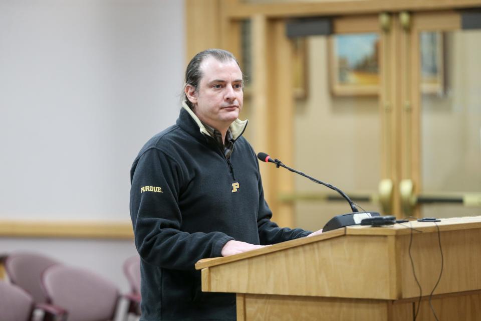 Former Democratic Lafayette City Council candidate, Derek Reuter, speaks to the Tippecanoe County Election Board about the challenge against his candidacy due to a felon conviction from 2005, on Wednesday, Feb. 15, 2023, in Lafayette, Ind.