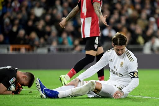 Sergio Ramos sits dejected late in Madrid's draw with Bilbao