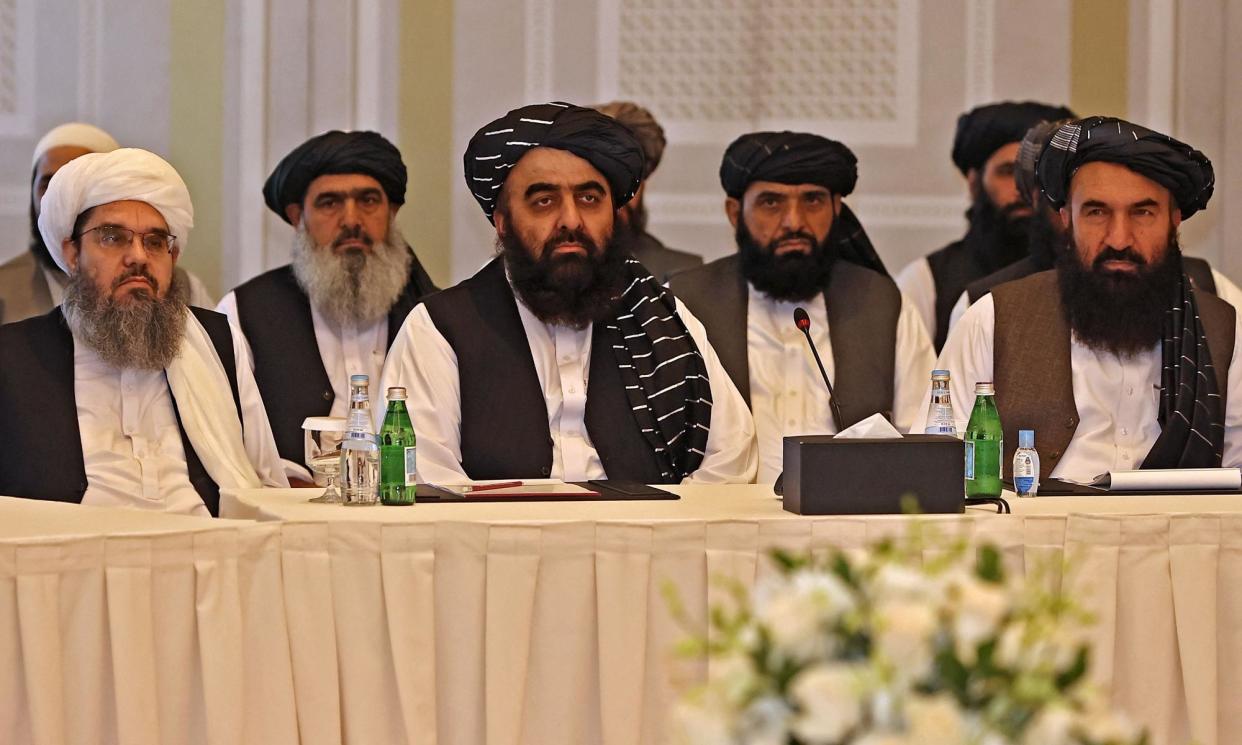 <span>Members of a Taliban delegation in a meeting with foreign diplomats in Doha, shortly after the group took power in 2021.</span><span>Photograph: Karim Jaafar/AFP/Getty Images</span>