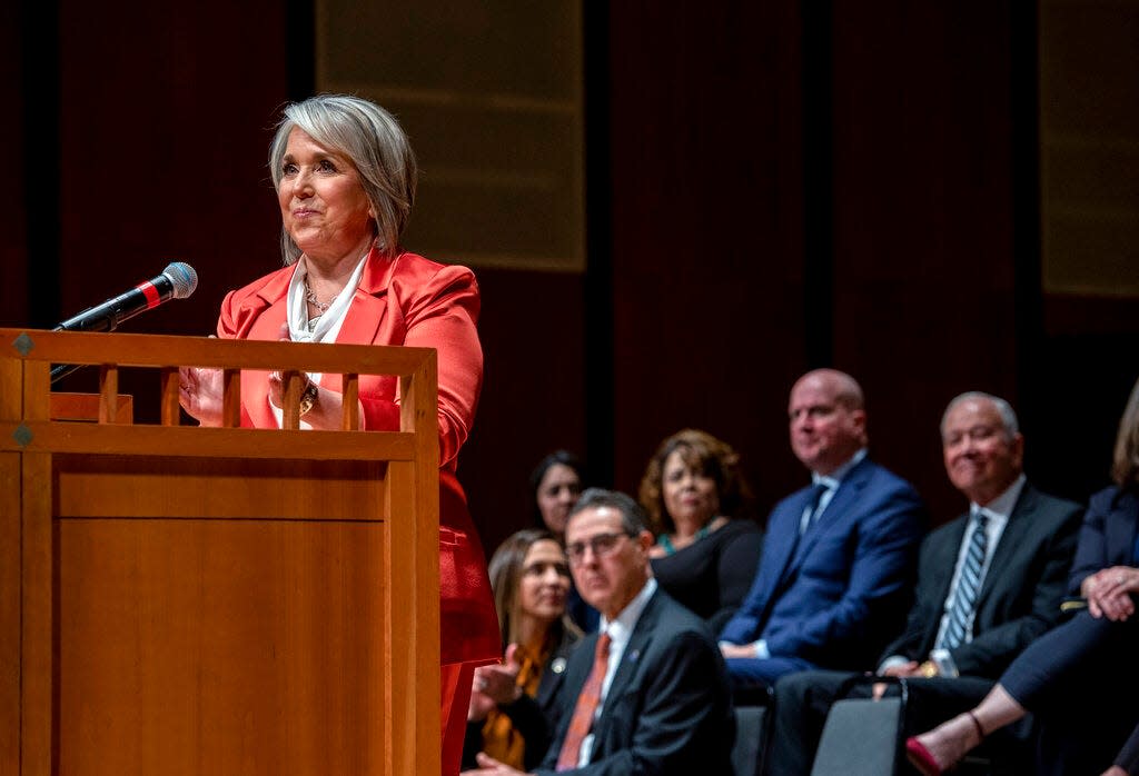Gov. Michelle Lujan Grisham gives her inaugural address during a public ceremony at the Lensic Performing Arts Center in Santa Fe, N.M., Sunday, Jan. 1, 2023.