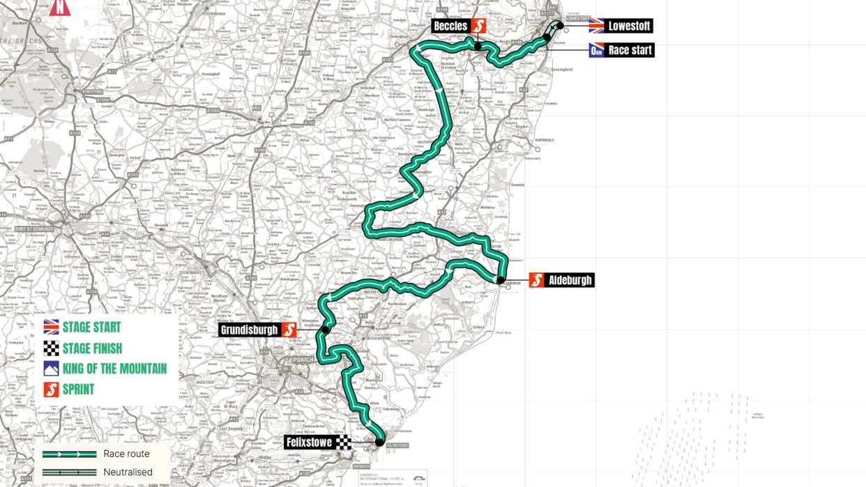 This is the route the Tour of Britain Men will take through Suffolk. It is a map of the county with the route shown as a green line snaking across the map from Lowestoft to Felixstowe.