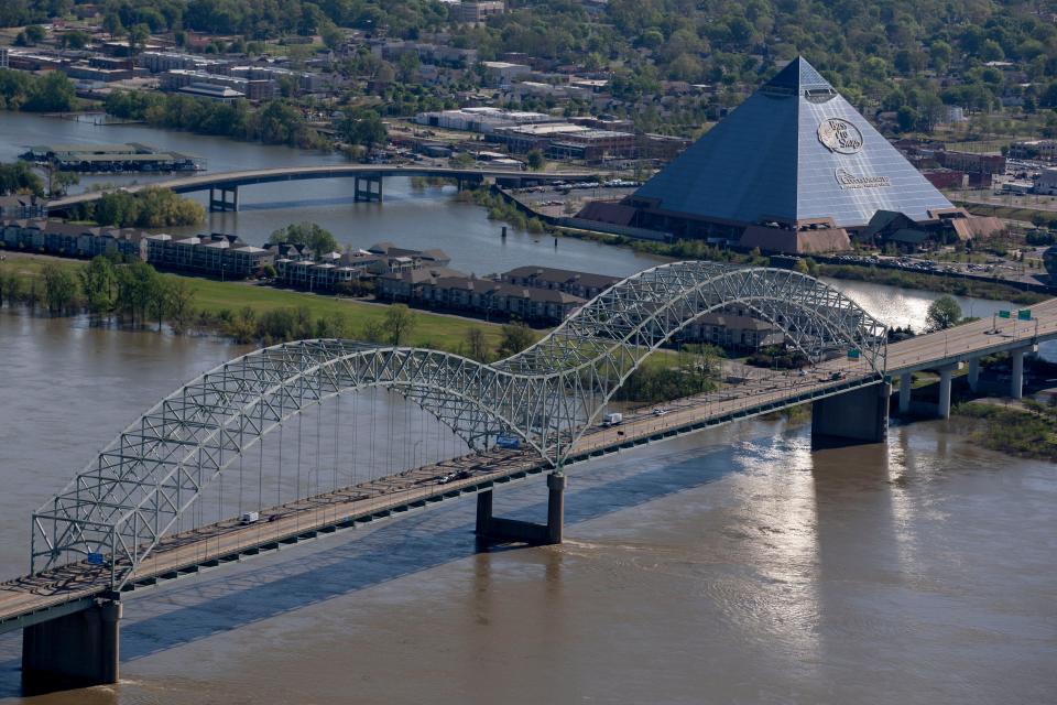 Aerial view of the Hernando de Soto Bridge and Bass Pro Pyramid on Thursday, April 9, 2020, in Memphis.