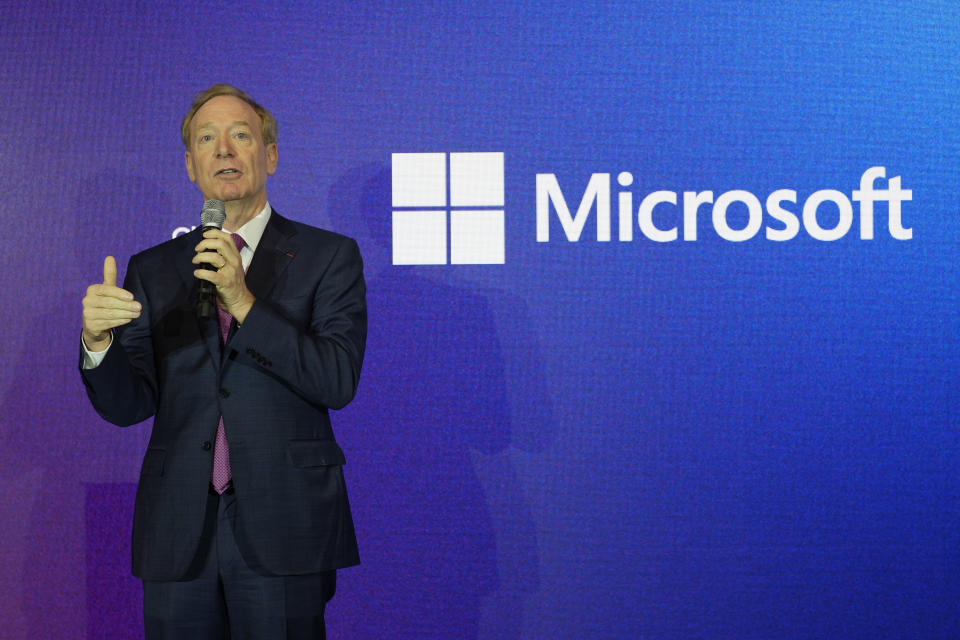 Microsoft CEO Brad Smith delivers his speech at the French Microsoft headquarters in Issy-les-Moulineaux, outside Paris, Monday, May 13, 2024. Microsoft, which has been present in France for 41 years, is announcing a 4 billion euro investment this year, the largest to date in the country, to support French growth in the new artificial intelligence economy. (AP Photo/Thibault Camus, Pool)