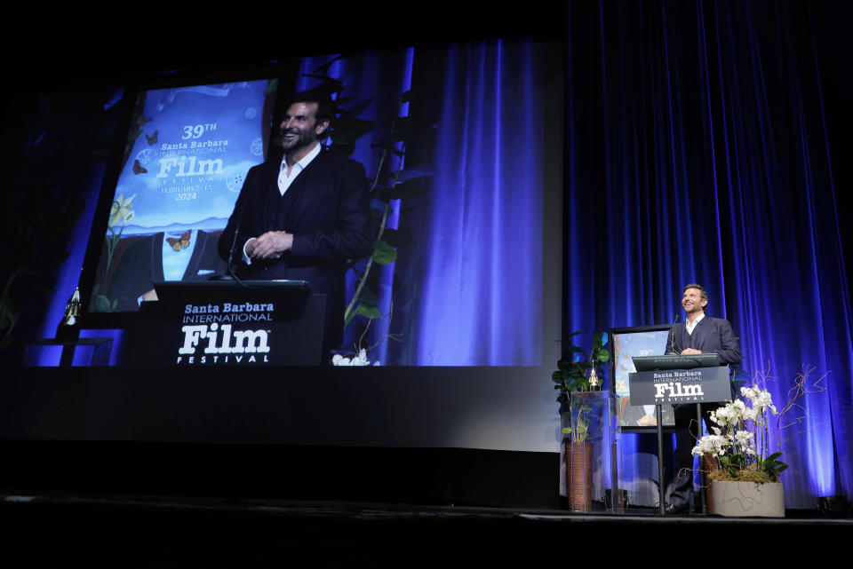 SANTA BARBARA, CALIFORNIA - FEBRUARY 08: Bradley Cooper speaks onstage at the Outstanding Performer of the Year Award ceremony during the 39th Annual Santa Barbara International Film Festival at The Arlington Theatre on February 08, 2024 in Santa Barbara, California. (Photo by Tibrina Hobson/Getty Images for SBIFF)